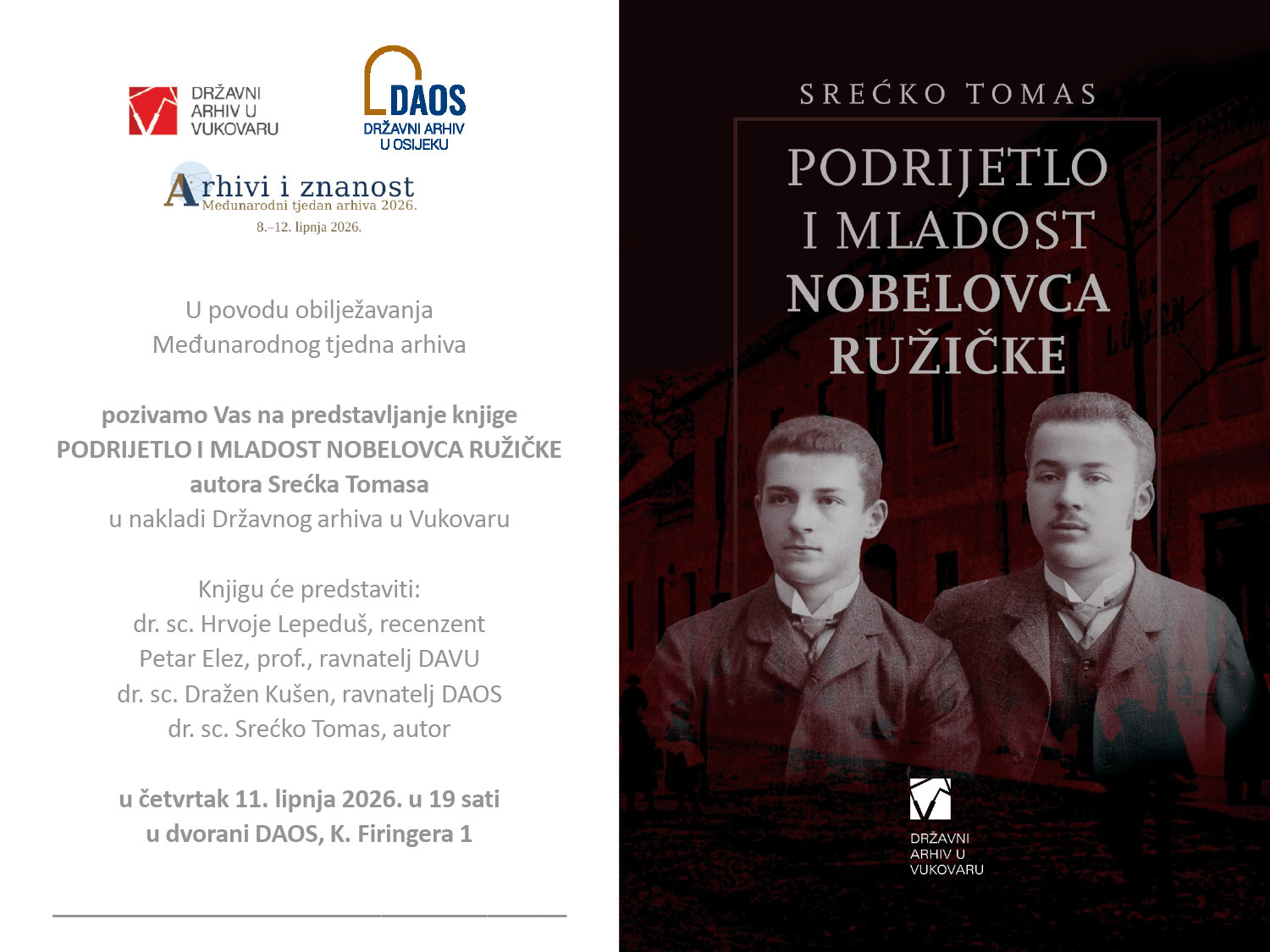 DAOS Pozivnica za predstavljanje knjige PODRIJETLO I MLADOST NOBELOVCA RUZICKE
